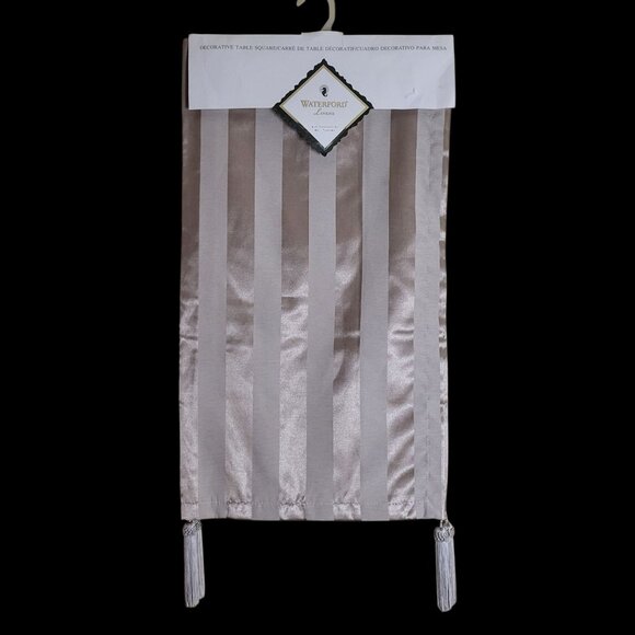Waterford Linens Table Square Beige Vermeil Stripe Damask Tassels 54"x54" - Picture 1 of 7